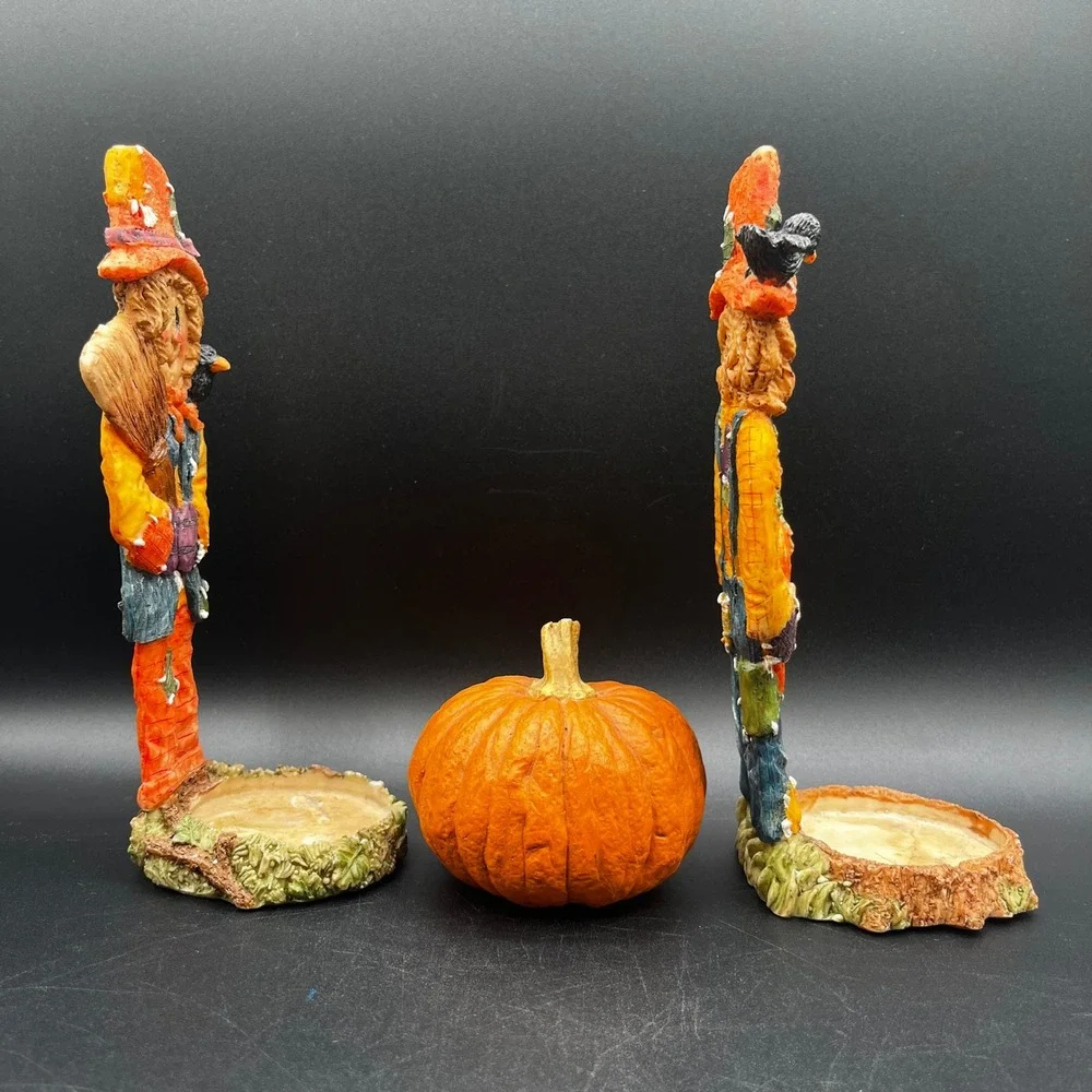 Resin Scarecrow Tea Light Candle Holder Set w/ Pumpkin Fall Harvest Decor 3pc
